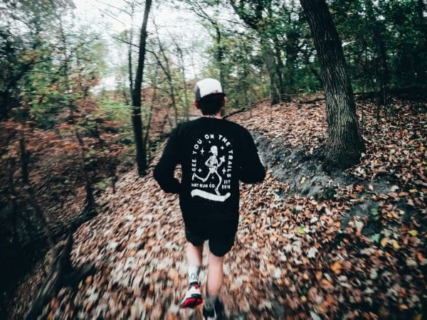 brady west running at Schramm Park in the Dirt Run Co see you on the trails long sleeve tech tee